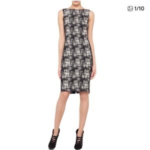 AKRIS PUNTO Crosshatch Bateau Neckline Sheath Dress Black & White Classic Size 6